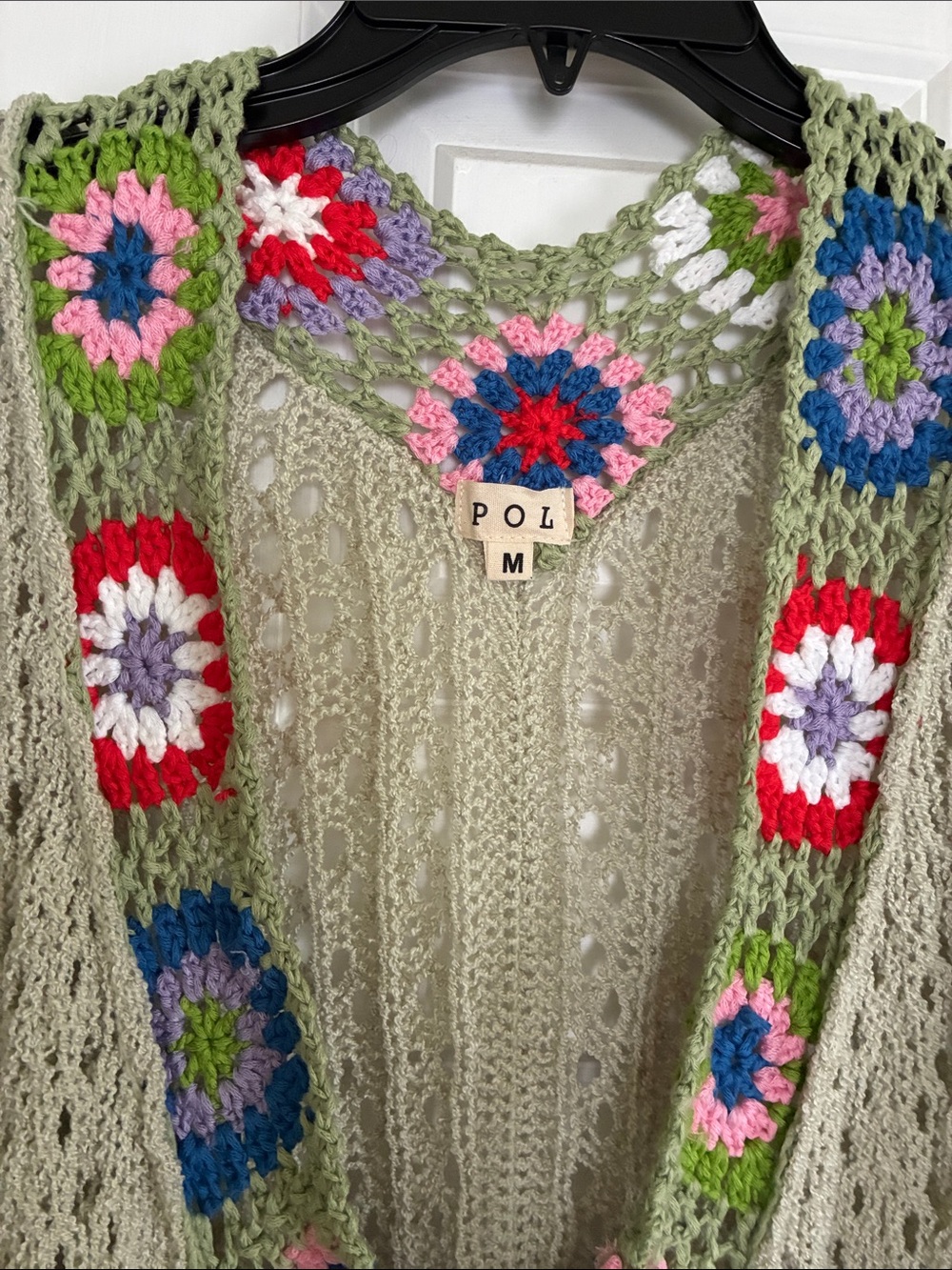 Boutique Boho Crochet-Trim Open Front Olive Green Sage Women's Sweater Cardigan - Picture 7 of 10